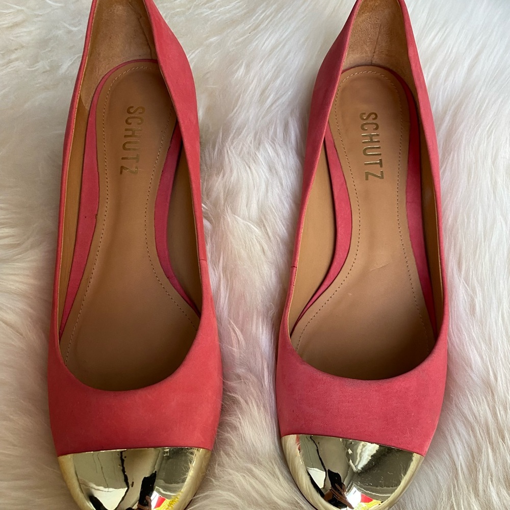 SCHUTZ Pink Coral Suede Flats with Gold Cap Toe